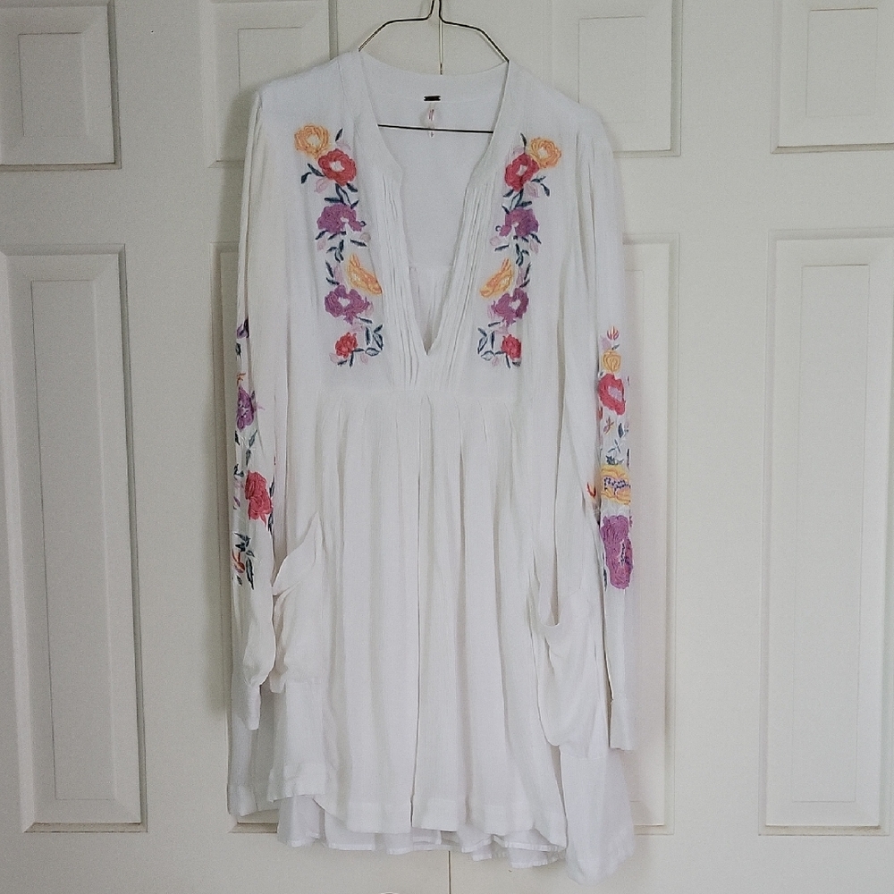 Free People White Gauzy Mini Dress Long Sleeve Sz S Boho Hippie Gypsy